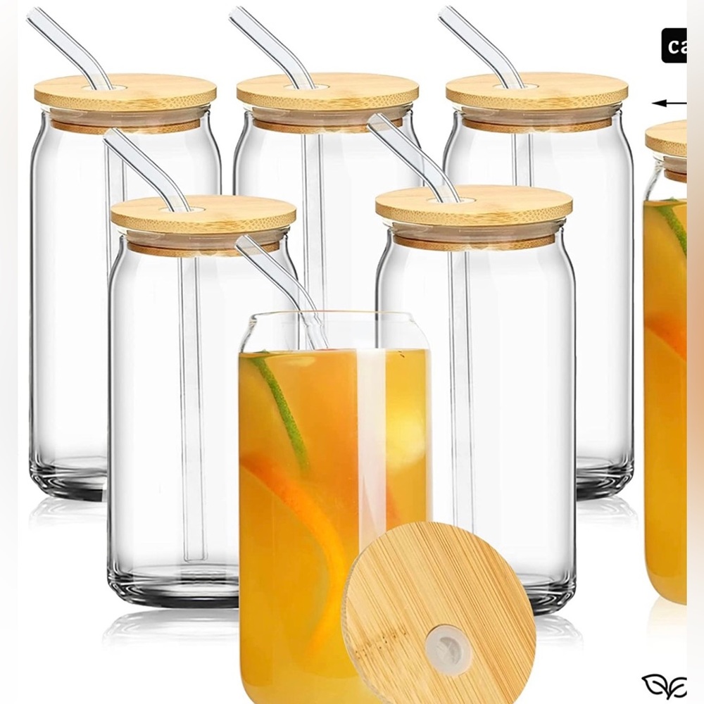 16oz  Blank beer Can Glasses Tumblers With Bamboo Lid And Straws Clear  6pcs